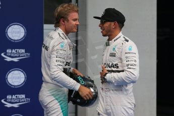 World © Octane Photographic Ltd. Mercedes AMG Petronas F1 W06 Hybrid – Lewis Hamilton and Nico Rosberg. Saturday 20th June 2015, F1 Qualifying Parc Ferme, Red Bull Ring, Spielberg, Austria. Digital Ref: 1312LB1D8421