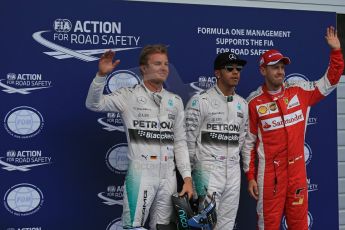 World © Octane Photographic Ltd. Mercedes AMG Petronas F1 W06 Hybrid – Lewis Hamilton and Nico Rosberg and Scuderia Ferrari SF15-T– Sebastian Vettel. Saturday 20th June 2015, F1 Qualifying Parc Ferme, Red Bull Ring, Spielberg, Austria. Digital Ref: 1312LB1D8442
