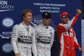 World © Octane Photographic Ltd. Mercedes AMG Petronas F1 W06 Hybrid – Lewis Hamilton and Nico Rosberg and Scuderia Ferrari SF15-T– Sebastian Vettel. Saturday 20th June 2015, F1 Qualifying Parc Ferme, Red Bull Ring, Spielberg, Austria. Digital Ref: 1312LB1D8462