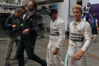 World © Octane Photographic Ltd. Mercedes AMG Petronas F1 W06 Hybrid – Lewis Hamilton and Nico Rosberg. Saturday 20th June 2015, F1 Qualifying Parc Ferme, Red Bull Ring, Spielberg, Austria. Digital Ref: 1312LW1L3688