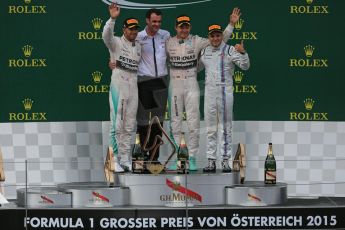 World © Octane Photographic Ltd. Mercedes AMG Petronas F1 W06 Hybrid – Nico Rosberg, Lewis Hamilton and Williams Martini Racing FW37 – Felipe Massa. Sunday 21st June 2015, F1 Race Podium, Red Bull Ring, Spielberg, Austria. Digital Ref: 1320LB5D8038