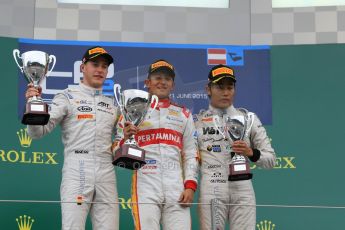 World © Octane Photographic Ltd. Sunday 21st June 2015. Campos Racing – Rio Haryanto, ART Grand Prix – Stoffel Vandoorne (2nd) and Nobuharu Matsushita (3rd). GP2 Race 2 – Red Bull Ring, Spielberg, Austria. Digital Ref. : 1317CB7D7354
