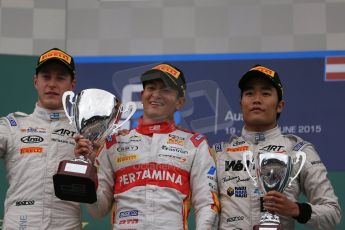 World © Octane Photographic Ltd. Sunday 21st June 2015. Campos Racing – Rio Haryanto, ART Grand Prix – Stoffel Vandoorne (2nd) and Nobuharu Matsushita (3rd). GP2 Race 2 – Red Bull Ring, Spielberg, Austria. Digital Ref. : 1317LB1D9245