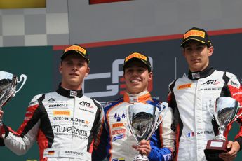 World © Octane Photographic Ltd. Sunday 21st June 2015. Trident – Oscar Tunjo (1st), ART Grand Prix – Marvin Kirchhofer (2nd) and Esteban Ocon (3rd - later disqualified). GP3 Race 2 – Red Bull Ring, Spielberg, Austria. Digital Ref. : 1316LB1D9008