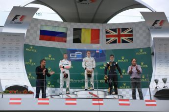 World © Octane Photographic Ltd. Saturday 20th June 2015. ART Grand Prix – Stoffel Vandoorne, Rapax – Sergey Sirotkin and DAMS – Alex Lynn. GP2 Race 1 - Podium– Red Bull Ring, Spielberg, Austria. Digital Ref. : 1313CB5D5173