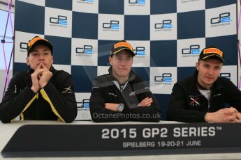 World © Octane Photographic Ltd. Saturday 20th June 2015. ART Grand Prix – Stoffel Vandoorne, Rapax – Sergey Sirotkin and DAMS – Alex Lynn. GP2 Race 1 - Press Conference – Red Bull Ring, Spielberg, Austria. Digital Ref. : 1313CB5D5294