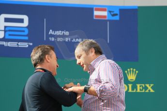 World © Octane Photographic Ltd. Saturday 20th June 2015. Gerhard Berger and Jean Alesi. GP2 Race 1 - Podium– Red Bull Ring, Spielberg, Austria. Digital Ref. : 1313CB7D6507