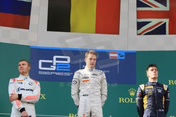 World © Octane Photographic Ltd. Saturday 20th June 2015. ART Grand Prix – Stoffel Vandoorne, Rapax – Sergey Sirotkin and DAMS – Alex Lynn. GP2 Race 1 - Podium– Red Bull Ring, Spielberg, Austria. Digital Ref. : 1313CB7D6539