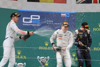 World © Octane Photographic Ltd. Saturday 20th June 2015. ART Grand Prix – Stoffel Vandoorne, Rapax – Sergey Sirotkin and DAMS – Alex Lynn. GP2 Race 1 - Podium– Red Bull Ring, Spielberg, Austria. Digital Ref. : 1313CB7D6614