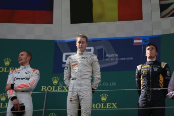 World © Octane Photographic Ltd. Saturday 20th June 2015. ART Grand Prix – Stoffel Vandoorne, Rapax – Sergey Sirotkin and DAMS – Alex Lynn. GP2 Race 1 - Podium– Red Bull Ring, Spielberg, Austria. Digital Ref. : 1313LB1D8497