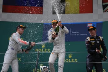 World © Octane Photographic Ltd. Saturday 20th June 2015. ART Grand Prix – Stoffel Vandoorne, Rapax – Sergey Sirotkin and DAMS – Alex Lynn. GP2 Race 1 - Podium– Red Bull Ring, Spielberg, Austria. Digital Ref. : 1313LB1D8550