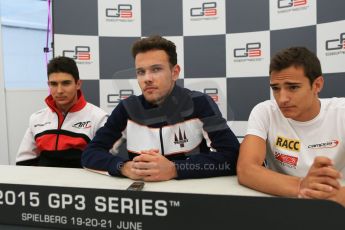 World © Octane Photographic Ltd. Saturday 20th June 2015. Trident – Luca Ghiotto (Pole), ART Grand Prix – Esteban Ocon (2nd) and Campos Racing – Alex Palou (3rd). GP3 Qualifying Press Conference – Red Bull Ring, Spielberg, Austria. Digital Ref. :