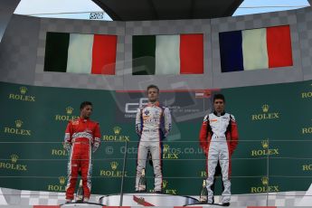 World © Octane Photographic Ltd. Saturday 20th June 2015. Trident – Luca Ghiotto (1st), ART Grand Prix – Esteban Ocon (2nd) and Carlin – Antonio Fuoco (3rd). GP3 Race 1 Podium – Red Bull Ring, Spielberg, Austria. Digital Ref. : 1314LB1D8693