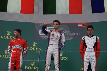 World © Octane Photographic Ltd. Saturday 20th June 2015. Trident – Luca Ghiotto (1st), ART Grand Prix – Esteban Ocon (2nd) and Carlin – Antonio Fuoco (3rd). GP3 Race 1 Podium – Red Bull Ring, Spielberg, Austria. Digital Ref. : 1314LB1D8699