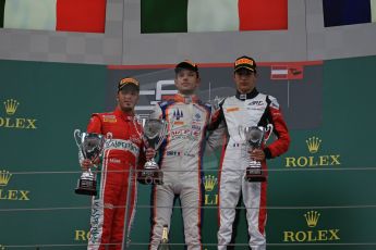 World © Octane Photographic Ltd. Saturday 20th June 2015. Trident – Luca Ghiotto (1st), ART Grand Prix – Esteban Ocon (2nd) and Carlin – Antonio Fuoco (3rd). GP3 Race 1 Podium – Red Bull Ring, Spielberg, Austria. Digital Ref. : 1314LB1D8758