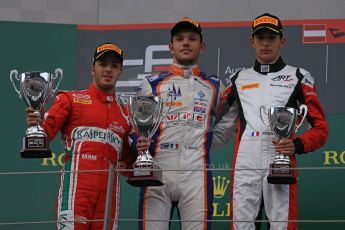 World © Octane Photographic Ltd. Saturday 20th June 2015. Trident – Luca Ghiotto (1st), ART Grand Prix – Esteban Ocon (2nd) and Carlin – Antonio Fuoco (3rd). GP3 Race 1 Podium – Red Bull Ring, Spielberg, Austria. Digital Ref. : 1314LB1D8766