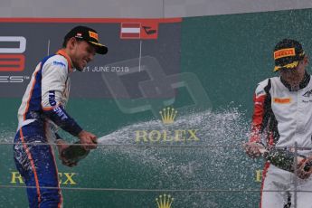 World © Octane Photographic Ltd. Saturday 20th June 2015. Trident – Luca Ghiotto (1st) and ART Grand Prix – Esteban Ocon (2nd). GP3 Race 1 Podium – Red Bull Ring, Spielberg, Austria. Digital Ref. : 1314LB1D8787