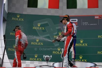 World © Octane Photographic Ltd. Saturday 20th June 2015. Trident – Luca Ghiotto (1st), ART Grand Prix – Esteban Ocon (2nd) and Carlin – Antonio Fuoco (3rd). GP3 Race 1 Podium – Red Bull Ring, Spielberg, Austria. Digital Ref. : 1314LB1D8806