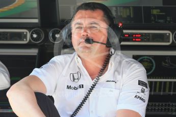 World © Octane Photographic Ltd. McLaren Honda - Eric Boullier. Saturday 22nd August 2015, F1 Belgian GP Practice 3, Spa-Francorchamps, Belgium. Digital Ref: 1376LB1D0077