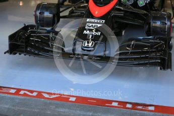World © Octane Photographic Ltd. McLaren Honda MP4/30 in the garage. Saturday 22nd August 2015, F1 Belgian GP Practice 3, Spa-Francorchamps, Belgium. Digital Ref: 1376LB5D9335
