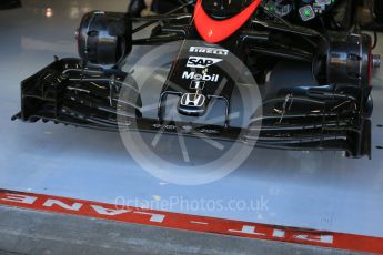 World © Octane Photographic Ltd. McLaren Honda MP4/30 in the garage. Saturday 22nd August 2015, F1 Belgian GP Practice 3, Spa-Francorchamps, Belgium. Digital Ref: 1376LB5D9337