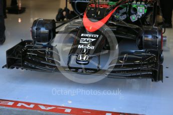 World © Octane Photographic Ltd. McLaren Honda MP4/30 in the garage. Saturday 22nd August 2015, F1 Belgian GP Practice 3, Spa-Francorchamps, Belgium. Digital Ref: 1376LB5D9344