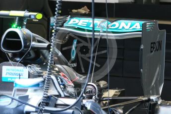 World © Octane Photographic Ltd. Mercedes AMG Petronas F1 W06 Hybrid rear wing radiator and rear brakes – Nico Rosberg. Friday 21st August 2015, F1 Belgian GP Pitlane, Spa-Francorchamps, Belgium. Digital Ref: 1379LB1D7422