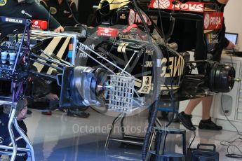World © Octane Photographic Ltd. Lotus F1 Team E23 Hybrid front brakes, suspension and airflow sensors – Jolyon Palmer. Friday 21st August 2015, F1 Belgian GP Pitlane, Spa-Francorchamps, Belgium. Digital Ref: 1379LB1D7540