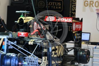 World © Octane Photographic Ltd. Lotus F1 Team E23 Hybrid rear wing – Jolyon Palmer. Friday 21st August 2015, F1 Belgian GP Pitlane, Spa-Francorchamps, Belgium. Digital Ref: 1379LB1D7542