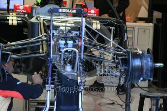 World © Octane Photographic Ltd. Lotus F1 Team E23 Hybrid front suspension and brakes – Pastor Maldonado. Friday 21st August 2015, F1 Belgian GP Pitlane, Spa-Francorchamps, Belgium. Digital Ref: 1379LB1D7543