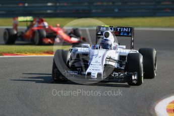 World © Octane Photographic Ltd. Williams Martini Racing FW37 – Valtteri Bottas and Scuderia Ferrari SF15-T – Sebastian Vettel. Friday 21st August 2015, F1 Belgian GP Practice 1, Spa-Francorchamps, Belgium. Digital Ref: 1373LB1D7630