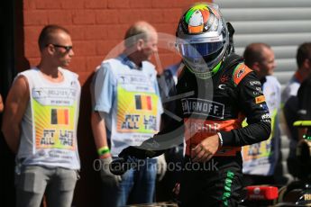 World © Octane Photographic Ltd. Sahara Force India VJM08B – Sergio Perez. Saturday 22nd August 2015, F1 Belgian GP Qualifying Parc Ferme, Spa-Francorchamps, Belgium. Digital Ref: