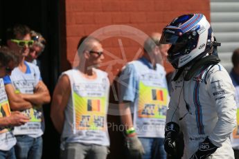 World © Octane Photographic Ltd. Williams Martini Racing FW37 – Valtteri Bottas. Saturday 22nd August 2015, F1 Belgian GP Qualifying Parc Ferme, Spa-Francorchamps, Belgium. Digital Ref: