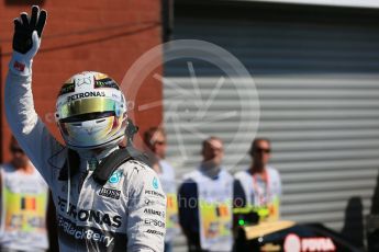 World © Octane Photographic Ltd. Mercedes AMG Petronas F1 W06 Hybrid – Lewis Hamilton. Saturday 22nd August 2015, F1 Belgian GP Qualifying Parc Ferme, Spa-Francorchamps, Belgium. Digital Ref: