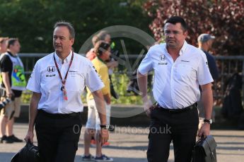 World © Octane Photographic Ltd. McLaren Honda - Eric Boullier and Jonathan Neale. Saturday 22nd August 2015, F1 Belgian GP Paddock, Spa-Francorchamps, Belgium. Digital Ref: 1380LB1D9277