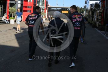 World © Octane Photographic Ltd. Infiniti Red Bull Racing - Christian Horner, Daniil Kvyat and Bernie Ecclestone. Saturday 22nd August 2015, F1 Belgian GP Paddock, Spa-Francorchamps, Belgium. Digital Ref: 1380LB5D9267