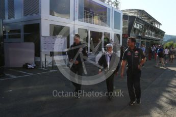 World © Octane Photographic Ltd. Infiniti Red Bull Racing - Christian Horner, Daniil Kvyat and Bernie Ecclestone. Saturday 22nd August 2015, F1 Belgian GP Paddock, Spa-Francorchamps, Belgium. Digital Ref: 1380LB5D9271