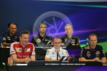 World © Octane Photographic Ltd. FIA Team Personnel Press Conference. Friday 21st August 2015, F1 Belgian GP, Spa-Francorchamps, Belgium. James Allison - Scuderia Ferrari Technical Director, Nick Chester – Lotus F1 Team Technical Director, Giampaolo Dall'Ara – Sauber Ferrari F1 Team Head of Track Engineering, Andrew Green – Sahara Force India Technical Director, Paddy Lowe - Mercedes AMG Petronas Executive Director (Technical), Paul Monaghan - Infinity Red Bull Racing Chief Engineer - Car Engineering. Digital Ref: 1377LB5D6579