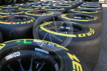 World © Octane Photographic Ltd. Pirelli medium (white) and soft (yellow) tyres. Thursday 20th August 2015, F1 Belgian GP Pitlane, Spa-Francorchamps, Belgium. Digital Ref: 1370LB5D6265