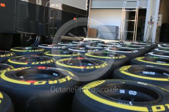 World © Octane Photographic Ltd. Pirelli medium (white) and soft (yellow) tyres. Thursday 20th August 2015, F1 Belgian GP Pitlane, Spa-Francorchamps, Belgium. Digital Ref: 1370LB5D6266
