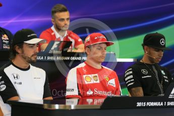 World © Octane Photographic Ltd. FIA Drivers’ Press Conference. Thursday 23rd July 2015, F1 Belgian GP, Spa-Francorchamps, Belgium. Fernando Alonso – McLaren Honda, Lewis Hamilton – Mercedes AMG Petronas, Danill Kvyat - Infiniti Red Bull Racing, Kimi Raikkonen – Scuderia Ferrari, Will Stevens – Manor Marussia, Max Verstappen - Scuderia Toro Rosso. Digital Ref: 1371LB5D6274