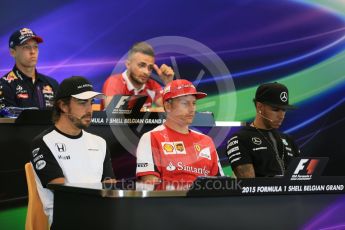 World © Octane Photographic Ltd. FIA Drivers’ Press Conference. Thursday 23rd July 2015, F1 Belgian GP, Spa-Francorchamps, Belgium. Fernando Alonso – McLaren Honda, Lewis Hamilton – Mercedes AMG Petronas, Danill Kvyat - Infiniti Red Bull Racing, Kimi Raikkonen – Scuderia Ferrari, Will Stevens – Manor Marussia, Max Verstappen - Scuderia Toro Rosso. Digital Ref: 1371LB5D6285