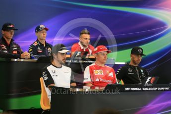 World © Octane Photographic Ltd. FIA Drivers’ Press Conference. Thursday 23rd July 2015, F1 Belgian GP, Spa-Francorchamps, Belgium. Fernando Alonso – McLaren Honda, Lewis Hamilton – Mercedes AMG Petronas, Danill Kvyat - Infiniti Red Bull Racing, Kimi Raikkonen – Scuderia Ferrari, Will Stevens – Manor Marussia, Max Verstappen - Scuderia Toro Rosso. Digital Ref: 1371LB5D6291