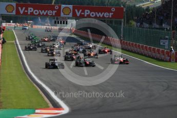 World © Octane Photographic Ltd. Saturday 22nd August 2015. Rapax – Sergey Sirotkin edges into the lead going into the first turn. GP2 Race 1 – Spa-Francorchamps, Belgium. Digital Ref. : 1383LB1D0901