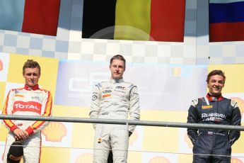 World © Octane Photographic Ltd. Saturday 22nd August 2015. ART Grand Prix – Stoffel Vandoorne (1st), Campos Racing – Arthur Pic (2nd) and Russian Time – Artem Markelov (3rd). GP2 Race 1 Podium – Spa-Francorchamps, Belgium. Digital Ref. : 1383LB1D1126