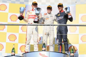 World © Octane Photographic Ltd. Saturday 22nd August 2015. ART Grand Prix – Stoffel Vandoorne (1st), Campos Racing – Arthur Pic (2nd) and Russian Time – Artem Markelov (3rd). GP2 Race 1 Podium – Spa-Francorchamps, Belgium. Digital Ref. : 1383LB1D1188