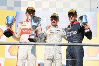 World © Octane Photographic Ltd. Saturday 22nd August 2015. ART Grand Prix – Stoffel Vandoorne (1st), Campos Racing – Arthur Pic (2nd) and Russian Time – Artem Markelov (3rd). GP2 Race 1 Podium – Spa-Francorchamps, Belgium. Digital Ref. : 1383LB1D1193