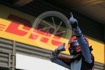 World © Octane Photographic Ltd. Saturday 22nd August 2015. ART Grand Prix – Esteban Ocon (provisional winner - later demoted to 2nd for exceeding VSC speed limit). GP3 Race 1 Parc Ferme – Spa-Francorchamps, Belgium. Digital Ref. : 1384LB1D1260