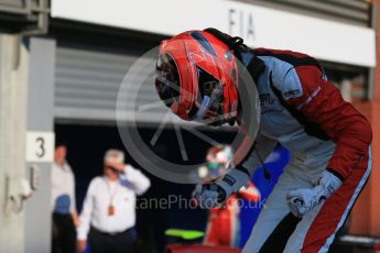 World © Octane Photographic Ltd. Saturday 22nd August 2015. ART Grand Prix – Esteban Ocon (provisional winner - later demoted to 2nd for exceeding VSC speed limit). GP3 Race 1 Parc Ferme – Spa-Francorchamps, Belgium. Digital Ref. : 1384LB1D1276