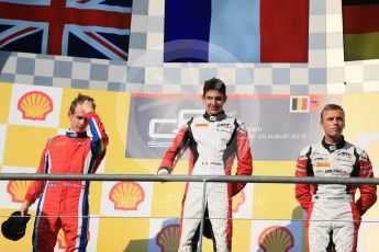 World © Octane Photographic Ltd. Saturday 22nd August 2015. ART Grand Prix – Esteban Ocon (1st - later demoted to 2nd for exceeding VSC speed limit), Arden International – Emil Bernstorff (2nd - later promoted to 1st) and ART Grand Prix – Marvin Kirchhofer (3rd). GP3 Race 1 podium – Spa-Francorchamps, Belgium. Digital Ref. : 1384LB1D1301